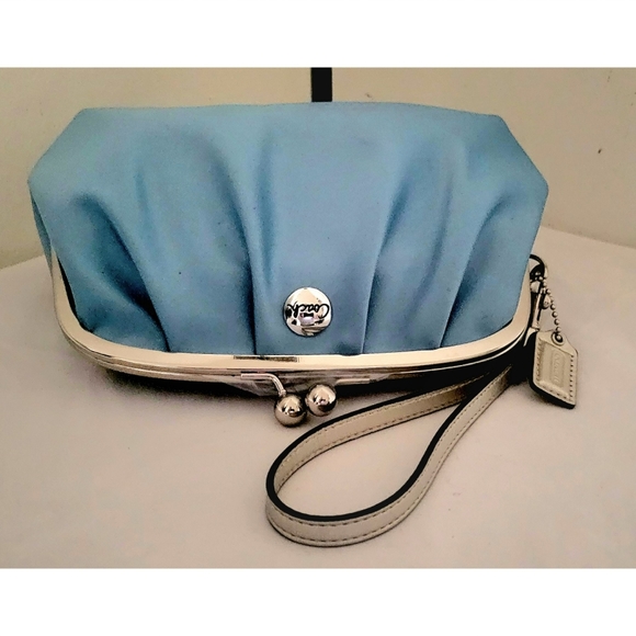 Coach Handbags - Coach F43364 Azure Blue Satin  Kisslock Wristlet
